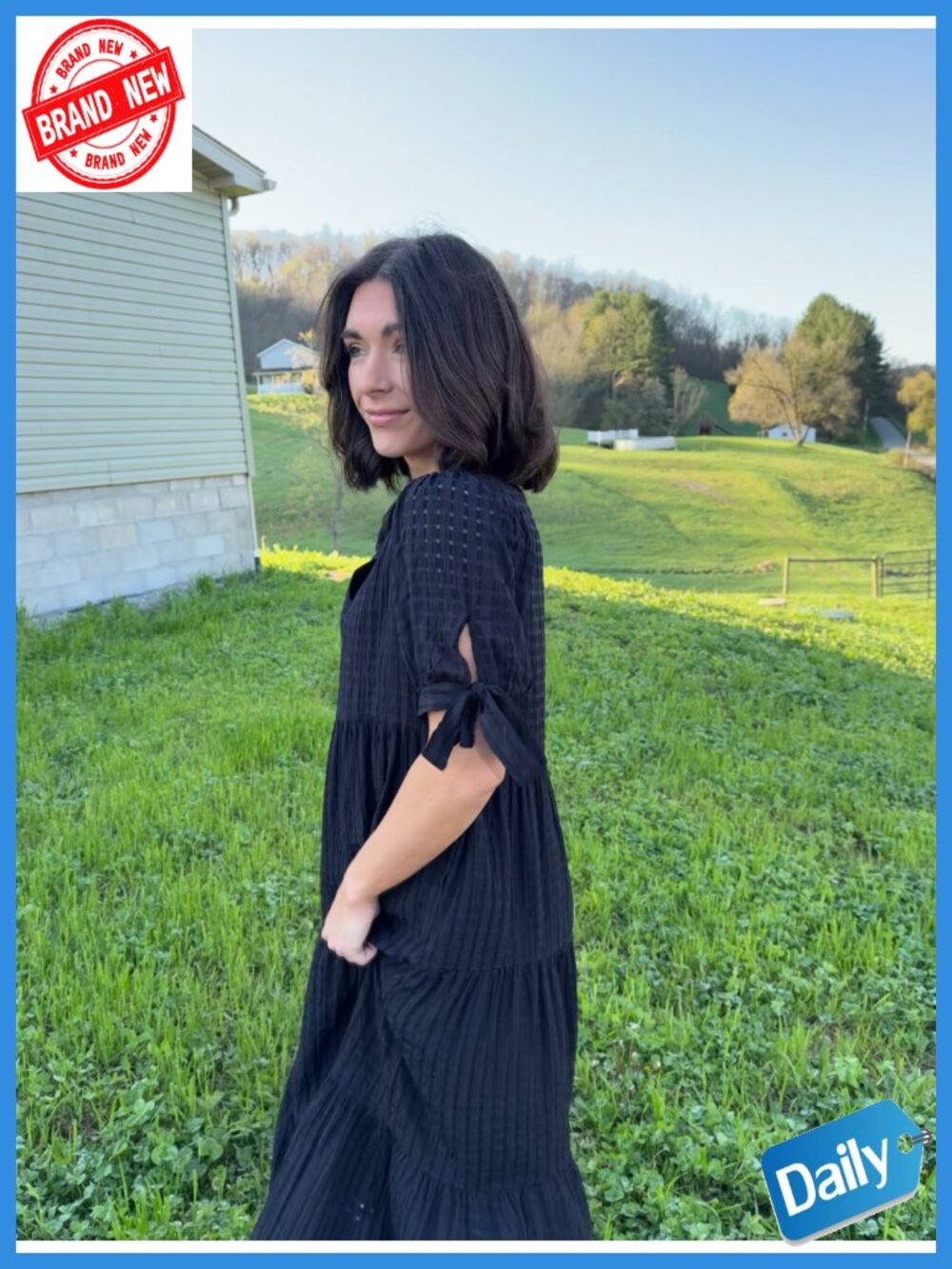 Women's V-Neck Empire Waist Midi Dress: Short Puff Sleeve Tiered Gingham - Picture 5 of 6